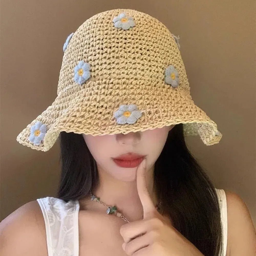 New Sweet Foldable Straw Hat Sun Protection Little Flowers Fisherman Cap Breathable UV Protection Bucket Hat Beach - PratSN