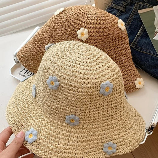 New Sweet Foldable Straw Hat Sun Protection Little Flowers Fisherman Cap Breathable UV Protection Bucket Hat Beach - PratSN