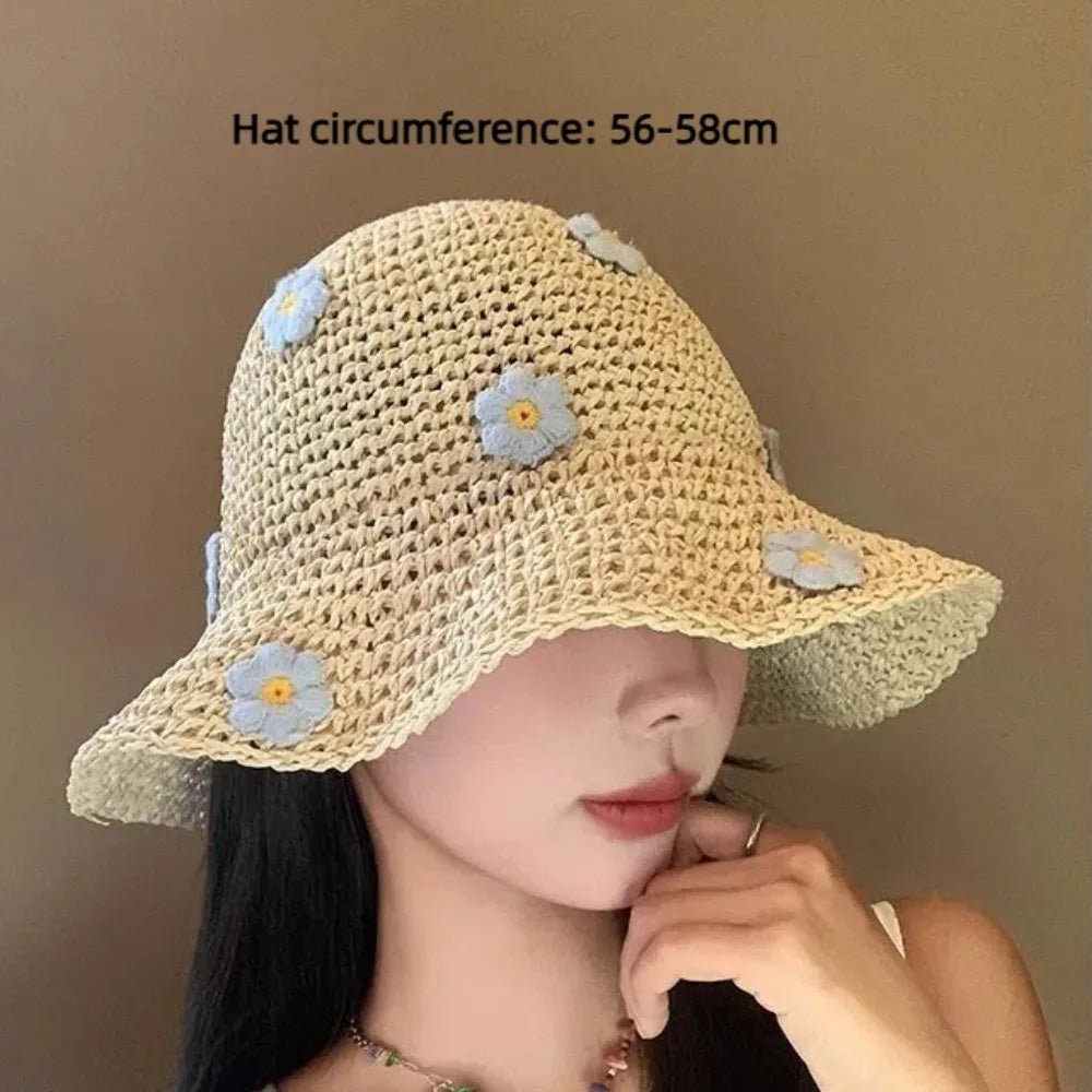 New Sweet Foldable Straw Hat Sun Protection Little Flowers Fisherman Cap Breathable UV Protection Bucket Hat Beach - PratSN