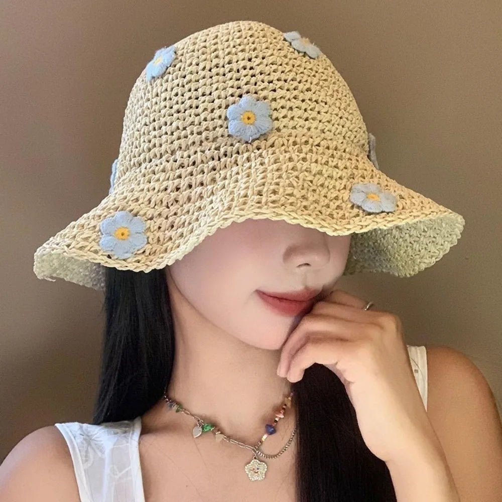 New Sweet Foldable Straw Hat Sun Protection Little Flowers Fisherman Cap Breathable UV Protection Bucket Hat Beach - PratSN