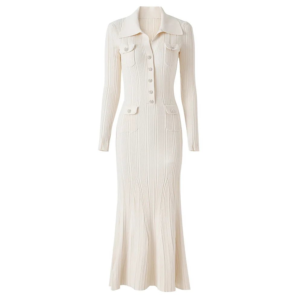New Thread Casual Single-Breasted Waist Sheath French Knit Dress Long  Sleeves Turn-down Collar Elastic Button Decoration