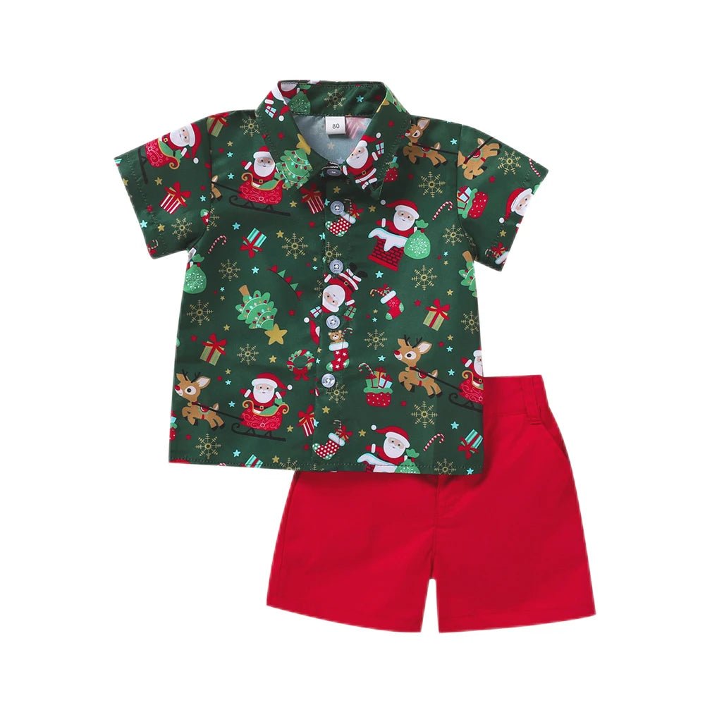 New Toddler Boys Christmas Outfits Gentleman Sets For Kids Short Sleeve Deer Shirt and Red Shorts New Year Costume For Children Baby - PratSN