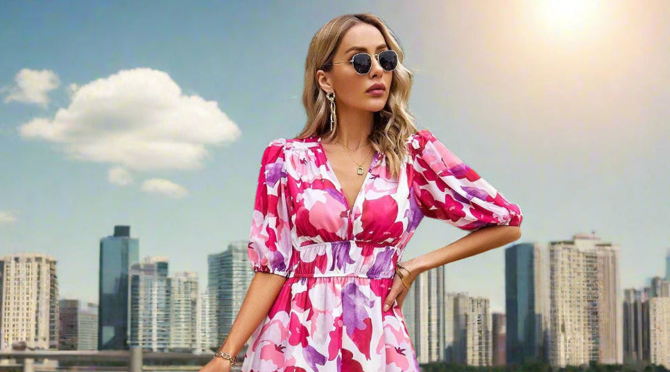 New V - neck Printed Short - sleeved Long Dress - PratSN