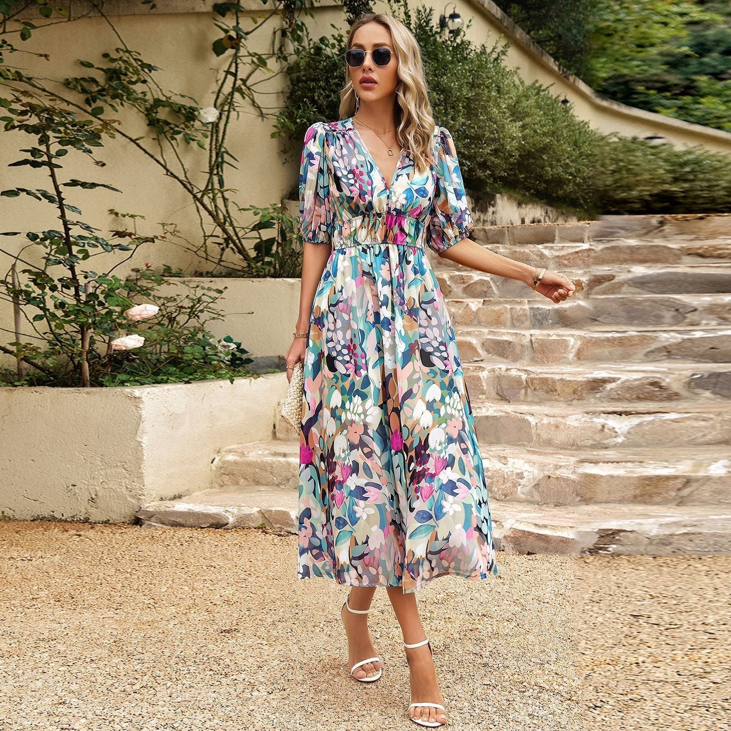New V - neck Printed Short - sleeved Long Dress Summer Fashion Slim Seaside Vacation Beach Dresses For Women Clothing - PratSN