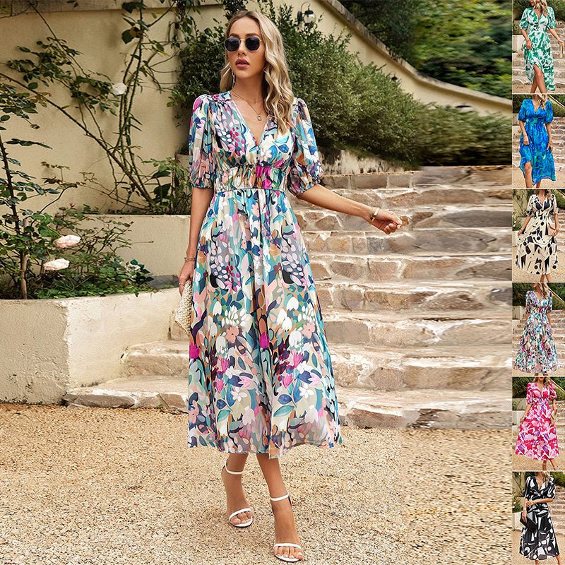 New V - neck Printed Short - sleeved Long Dress Summer Fashion Slim Seaside Vacation Beach Dresses For Women Clothing - PratSN