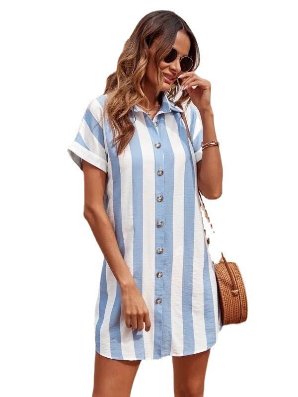 New Vertical Striped Lapel Short Sleeve Loose Temperament Shirt Dress - PratSN
