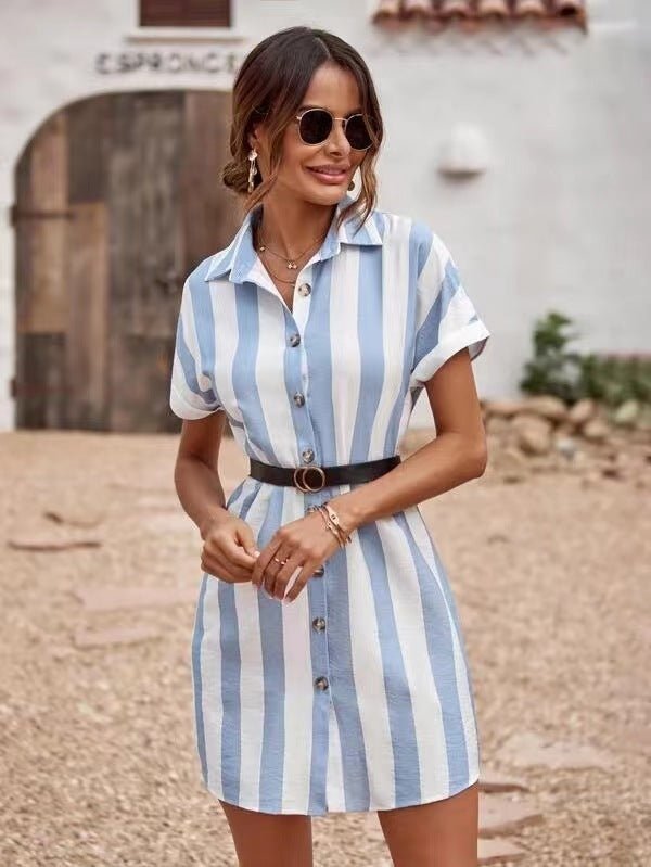 New Vertical Striped Lapel Short Sleeve Loose Temperament Shirt Dress - PratSN