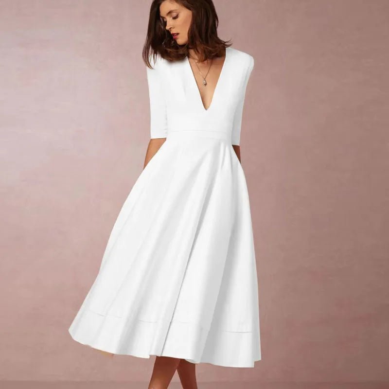 New Women Dress Long Fashion Vacation Party Dresses Short Sleeve V - neck Slit Solid High Quality - PratSN