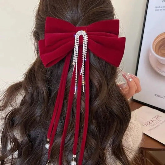 New Year Red Velvet Bow Hair Clip Spring Clip Korean Extra Large Tassels Bowknot Hairpins Women's Elegant Headwear Headdress - PratSN