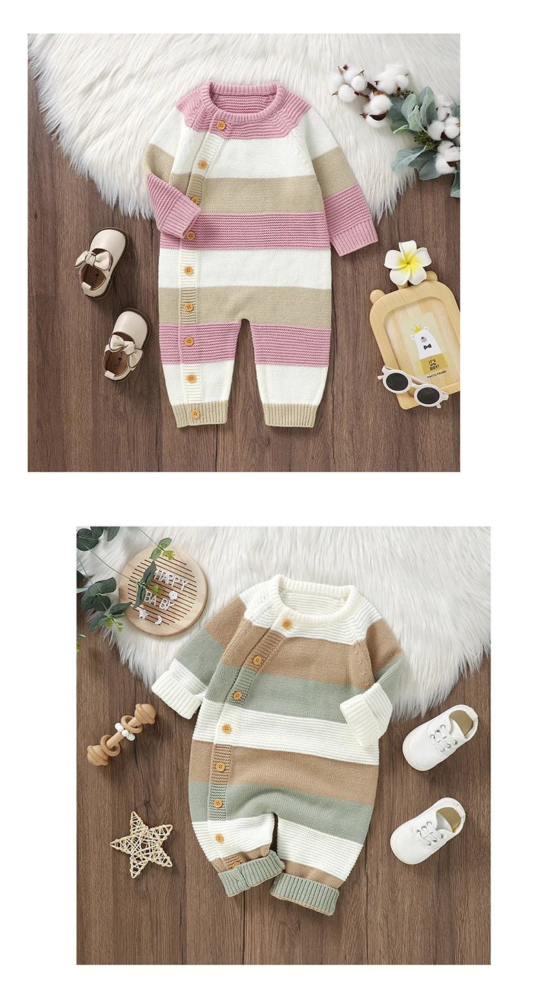 Newborn Baby Romper Knitted Girl Kid Clothing Long Sleeve Autumn 0 - 18M Overalls Infant Jumpsuit Fashion Striped Toddler Playsuit - PratSN
