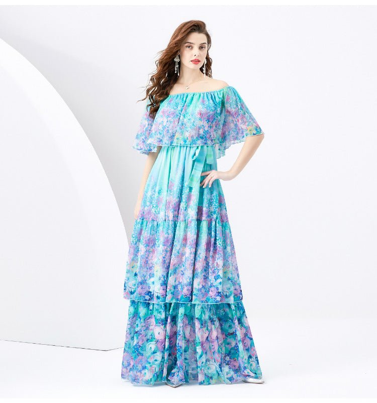 Off - the - shoulder Slim - fit Long Ruffled Tiered Dress - PratSN