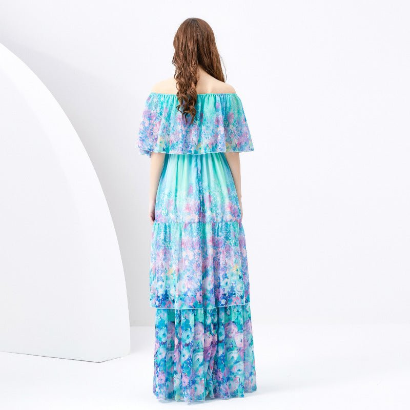 Off - the - shoulder Slim - fit Long Ruffled Tiered Dress - PratSN