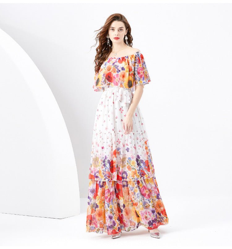 Off - the - shoulder Slim - fit Long Ruffled Tiered Dress - PratSN