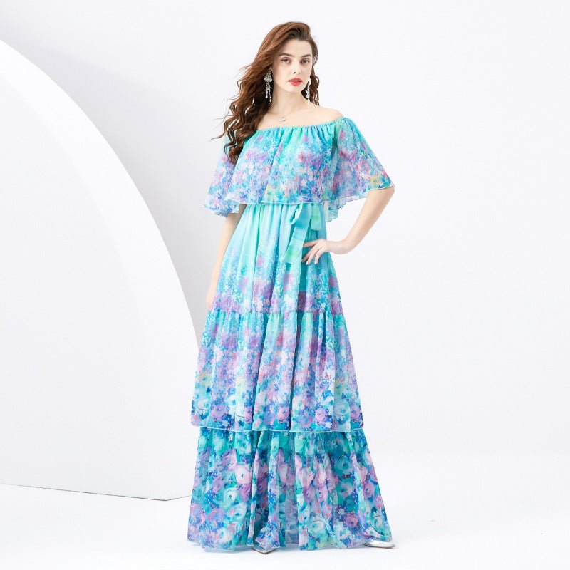 Off - the - shoulder Slim - fit Long Ruffled Tiered Dress - PratSN