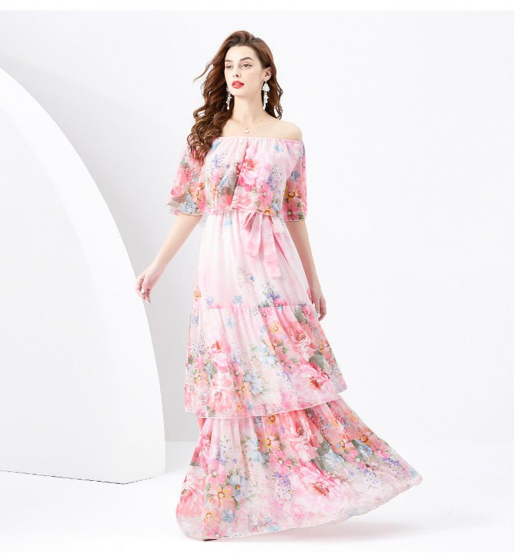 Off - the - shoulder Slim - fit Long Ruffled Tiered Dress - PratSN