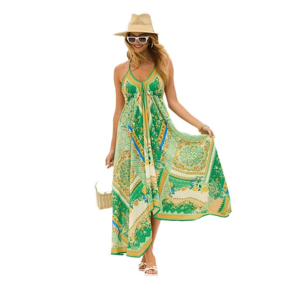 Off - the - shoulder V - neck Women's Clothing Spaghetti - strap Floral Print Dress - PratSN