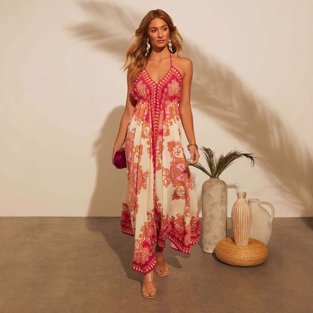 Off - the - shoulder V - neck Women's Clothing Spaghetti - strap Floral Print Dress - PratSN