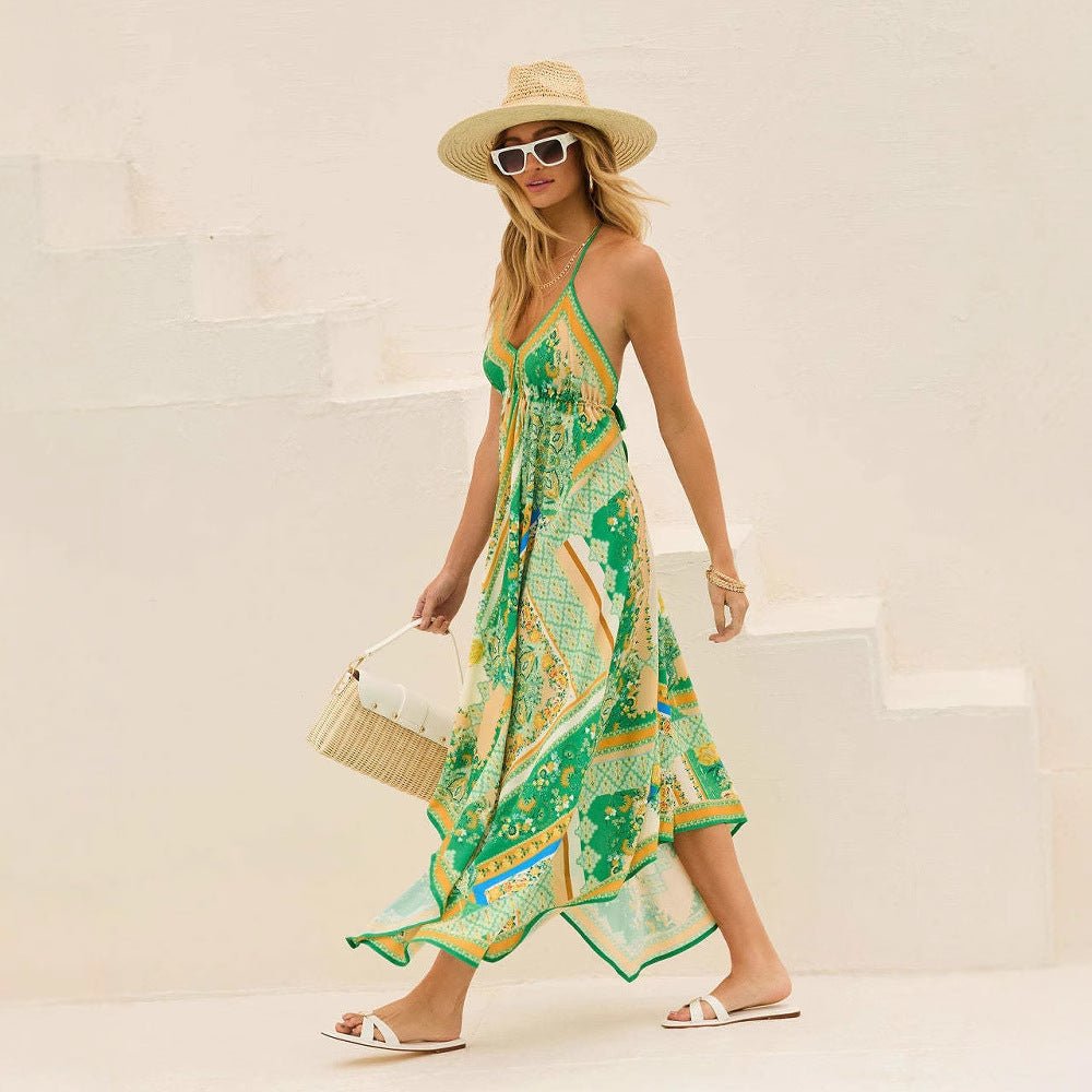 Off - the - shoulder V - neck Women's Clothing Spaghetti - strap Floral Print Dress - PratSN