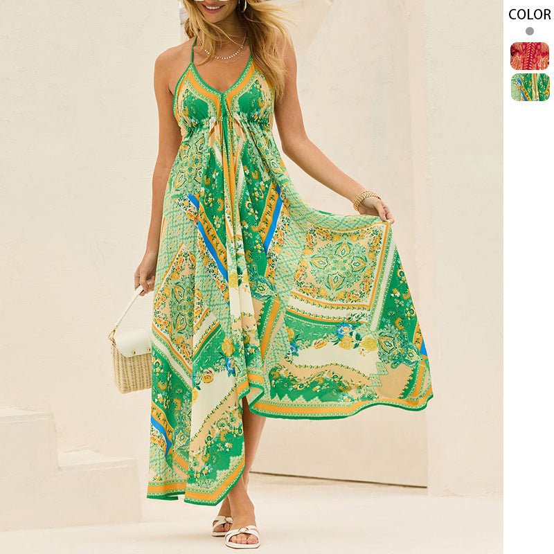 Off - the - shoulder V - neck Women's Clothing Spaghetti - strap Floral Print Dress - PratSN