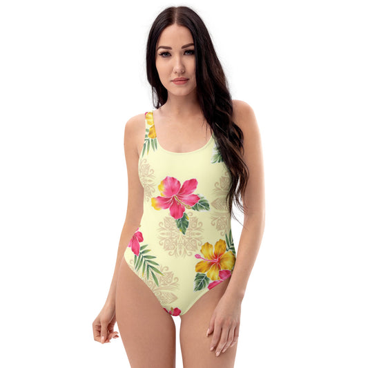 One - Piece Swimsuit | Tummy Control Swimwear | Women's Hibiscus Flower Printed Bathing Suit - PratSN