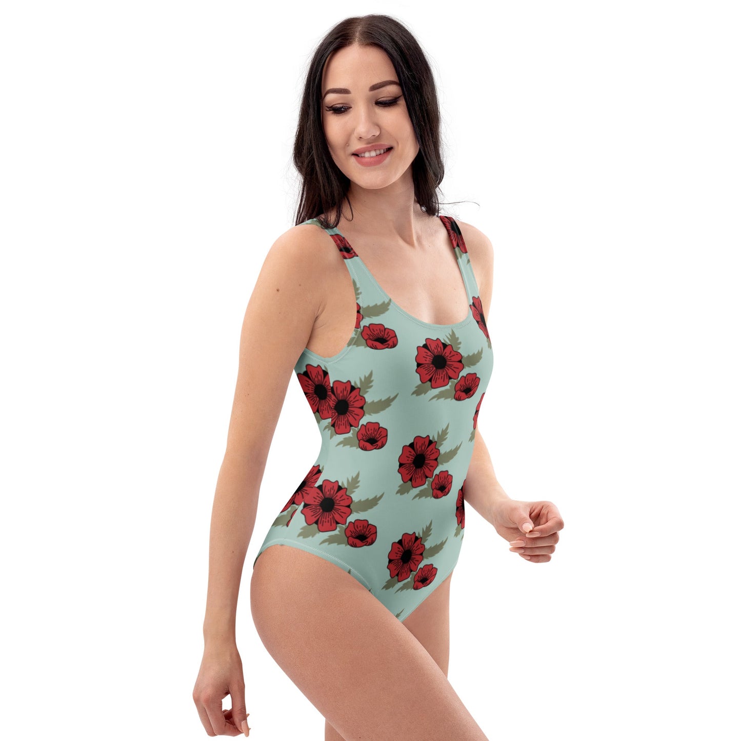 One - Piece Swimsuit | Women Modest Tummy Control Swimdress Opal Red Floral Swiming Dress - PratSN