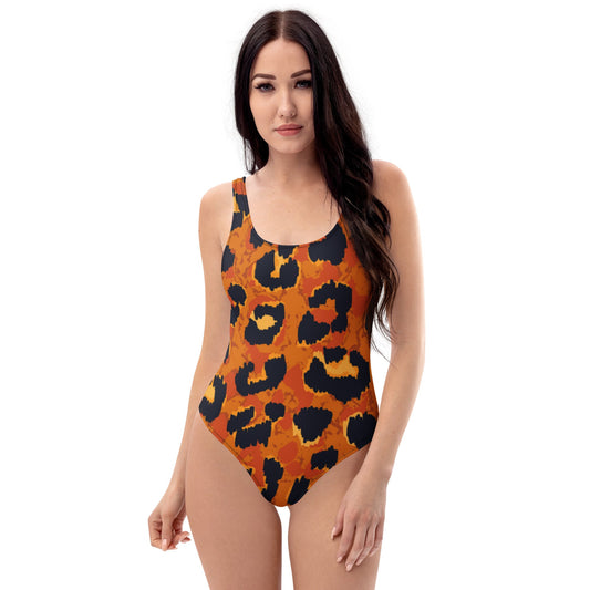One - Piece Swimsuit Women's Orange Black Animal Pattern Swimwear - PratSN