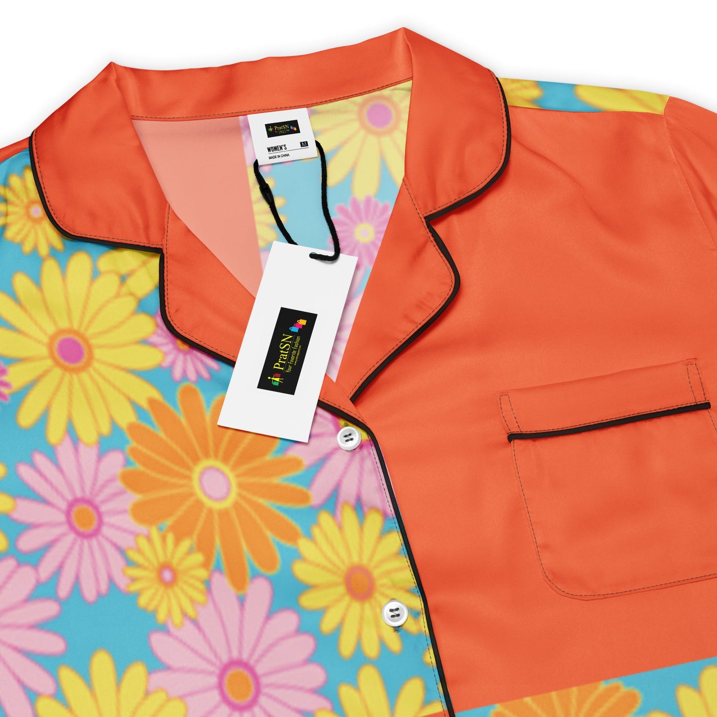 Orange floral All - over print women’s short sleeve pajama top - PratSN