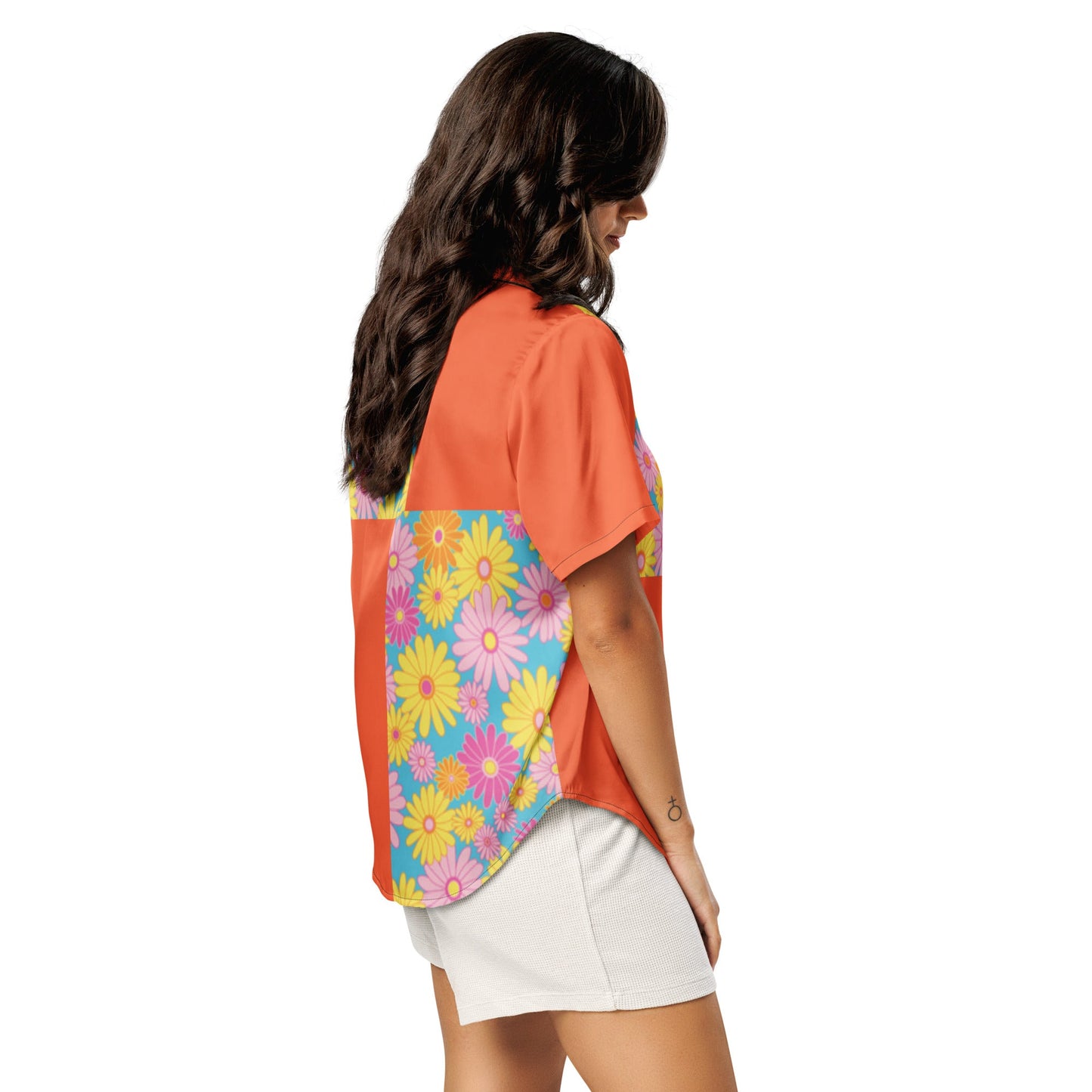 Orange floral All - over print women’s short sleeve pajama top - PratSN