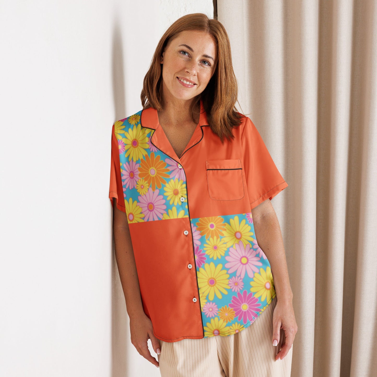 Orange floral All - over print women’s short sleeve pajama top - PratSN