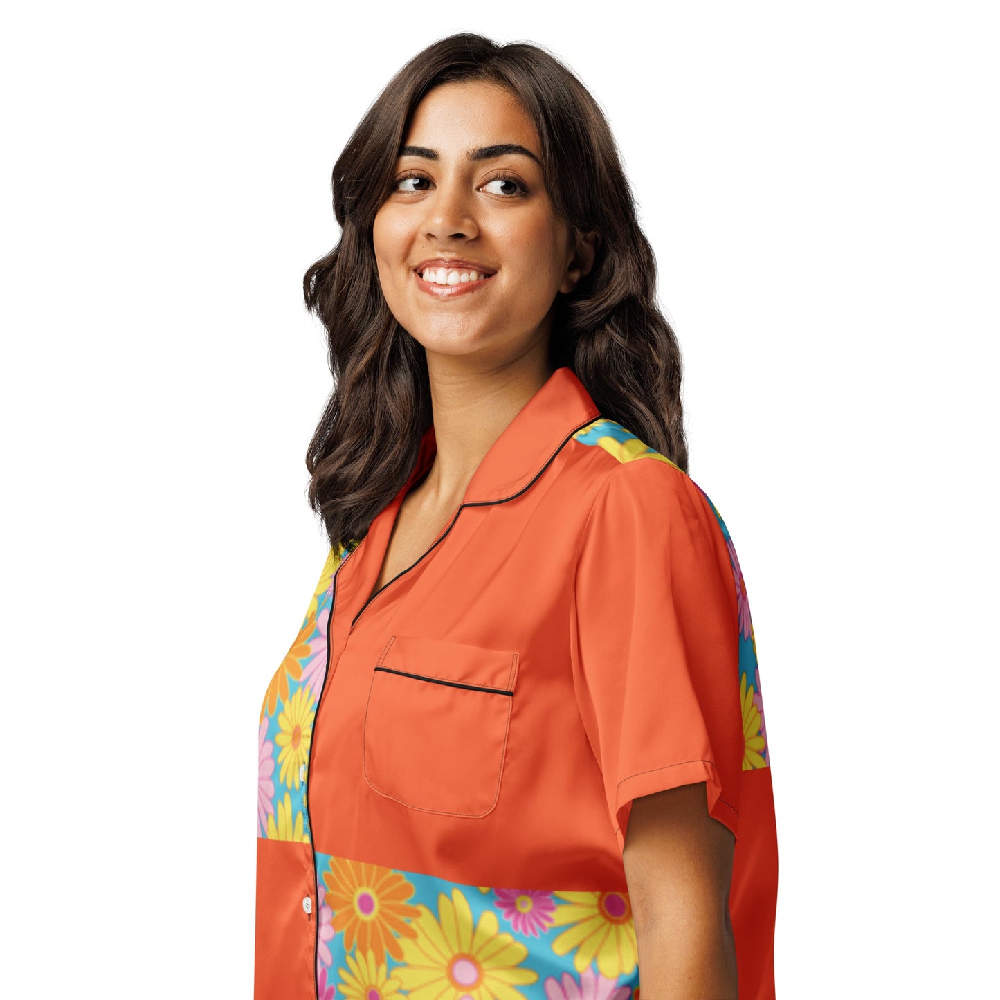Orange floral All - over print women’s short sleeve pajama top - PratSN