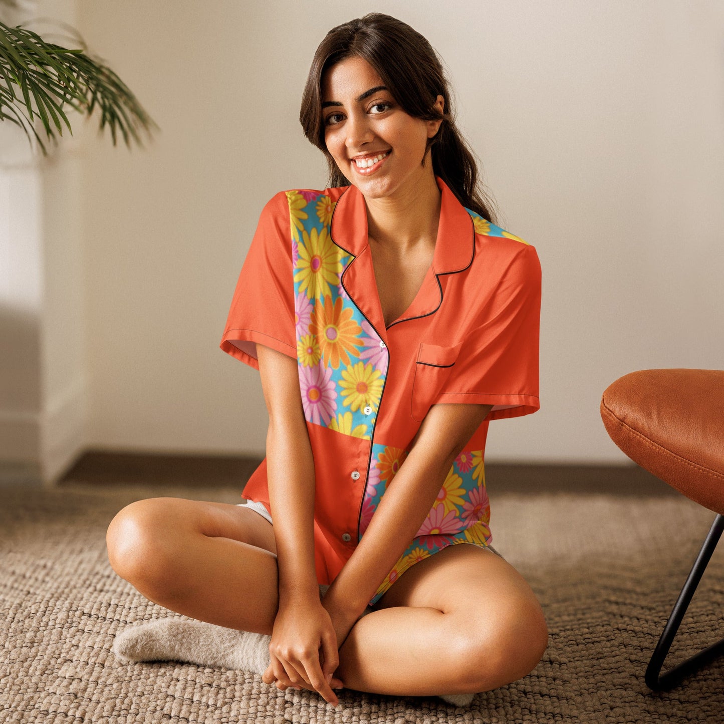 Orange floral All - over print women’s short sleeve pajama top - PratSN