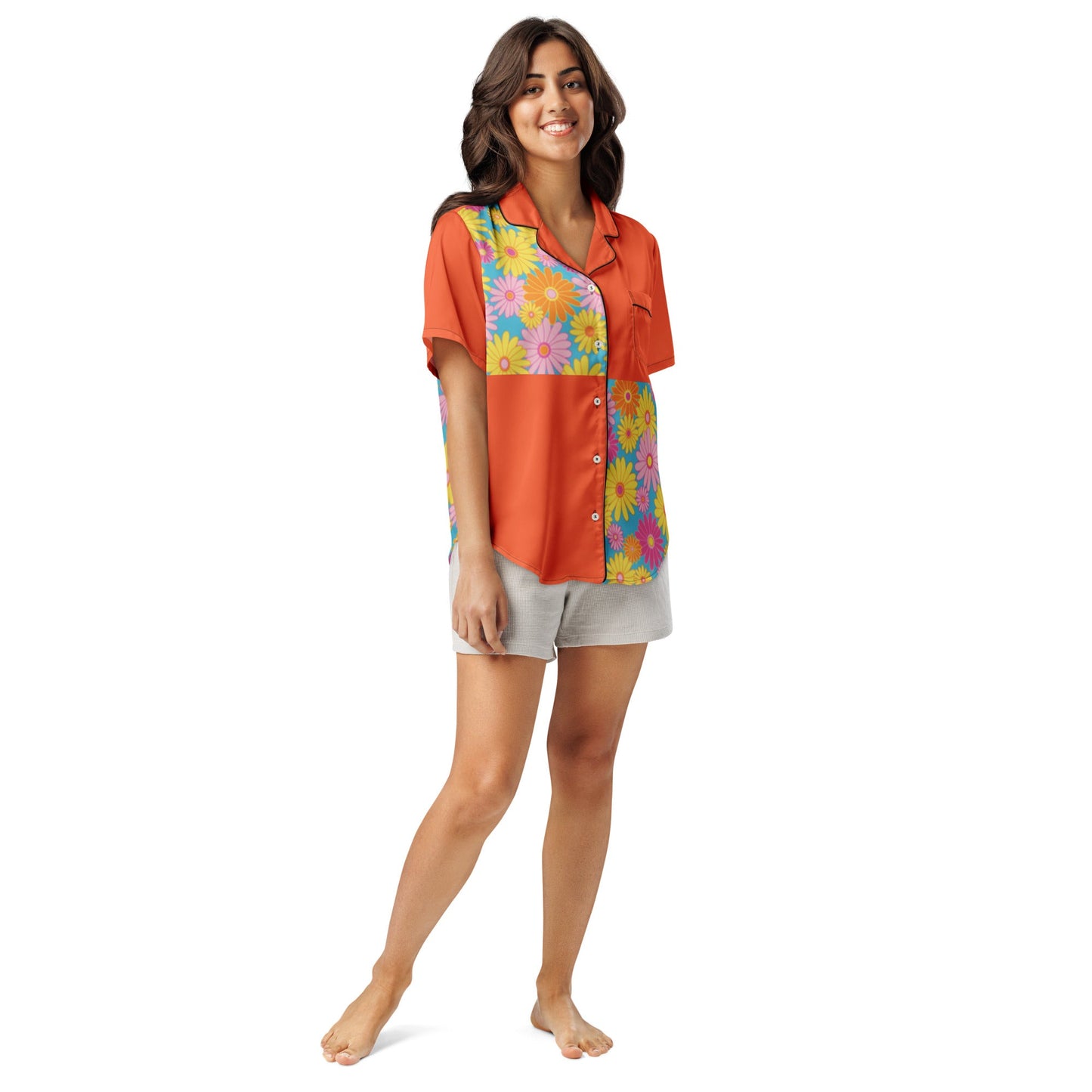 Orange floral All - over print women’s short sleeve pajama top - PratSN