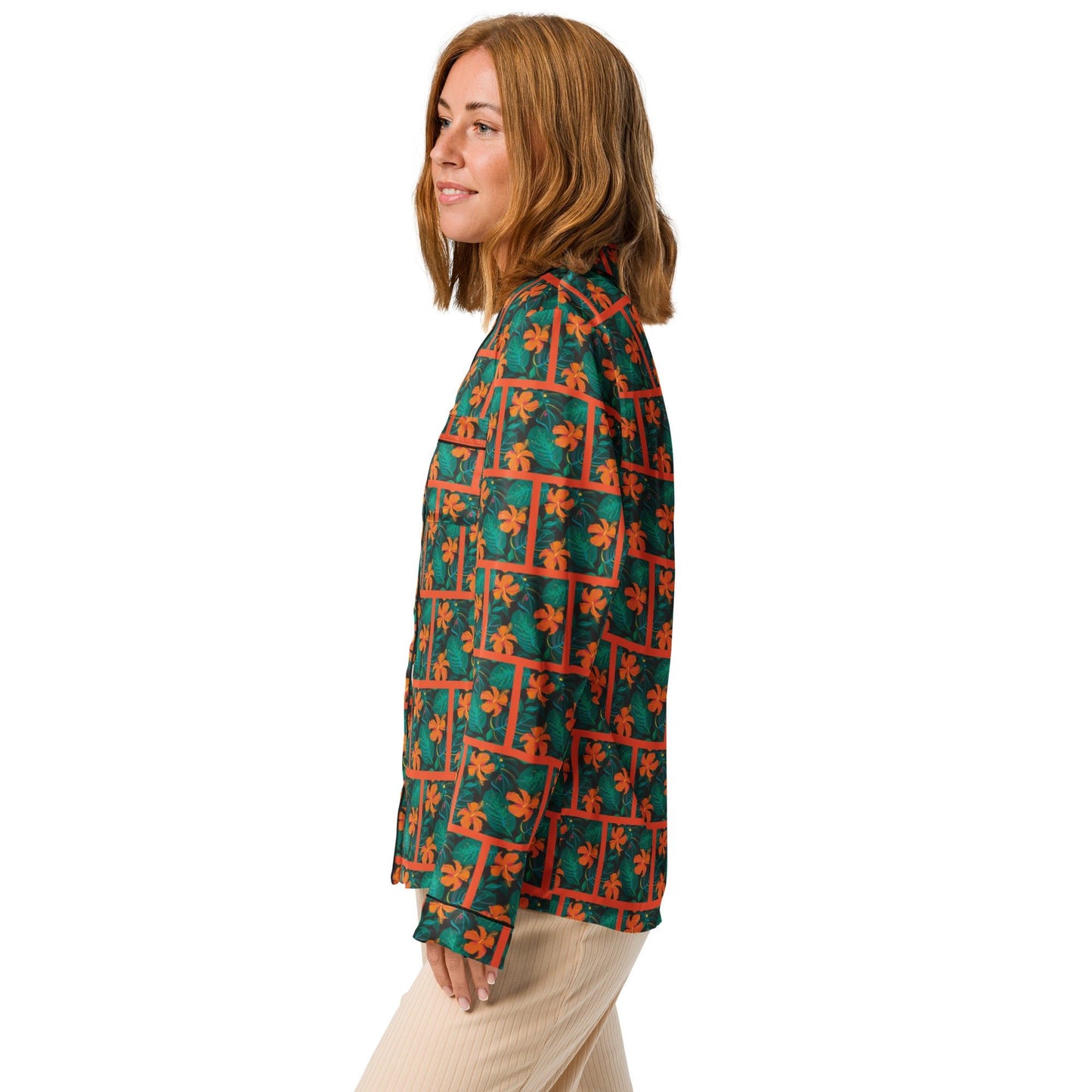 Orange Hibiscus print Women’s long sleeve pajama top - PratSN