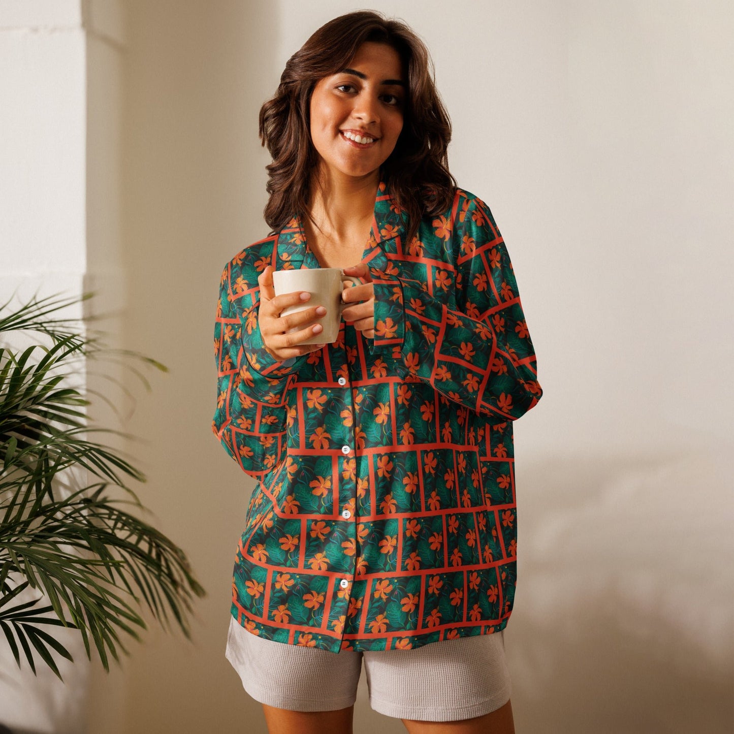 Orange Hibiscus print Women’s long sleeve pajama top - PratSN