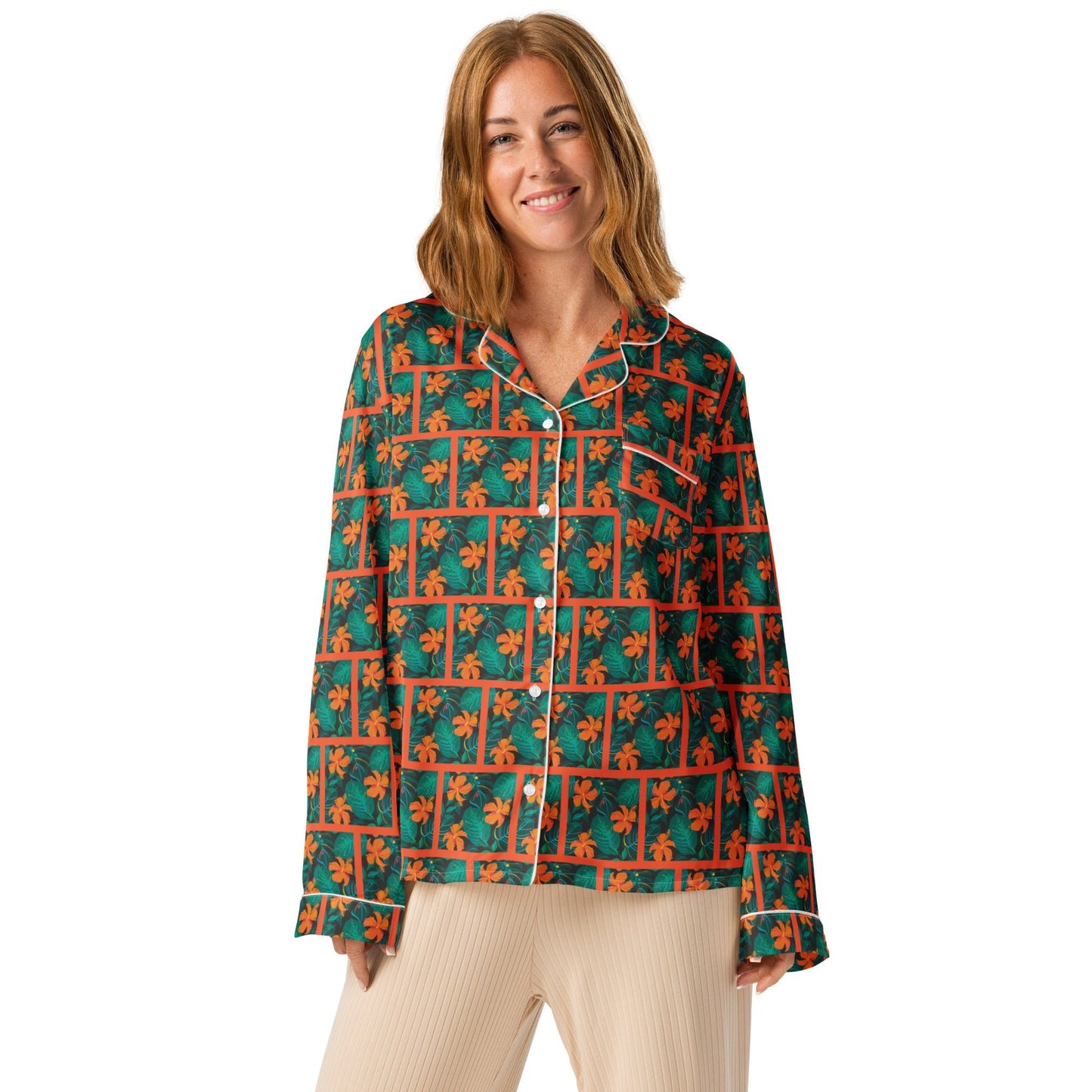 Orange Hibiscus print Women’s long sleeve pajama top - PratSN