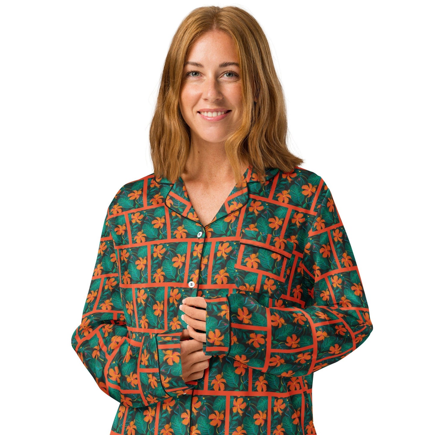 Orange Hibiscus print Women’s long sleeve pajama top - PratSN