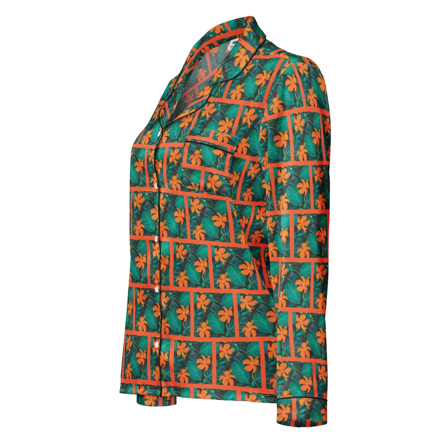 Orange Hibiscus print Women’s long sleeve pajama top - PratSN