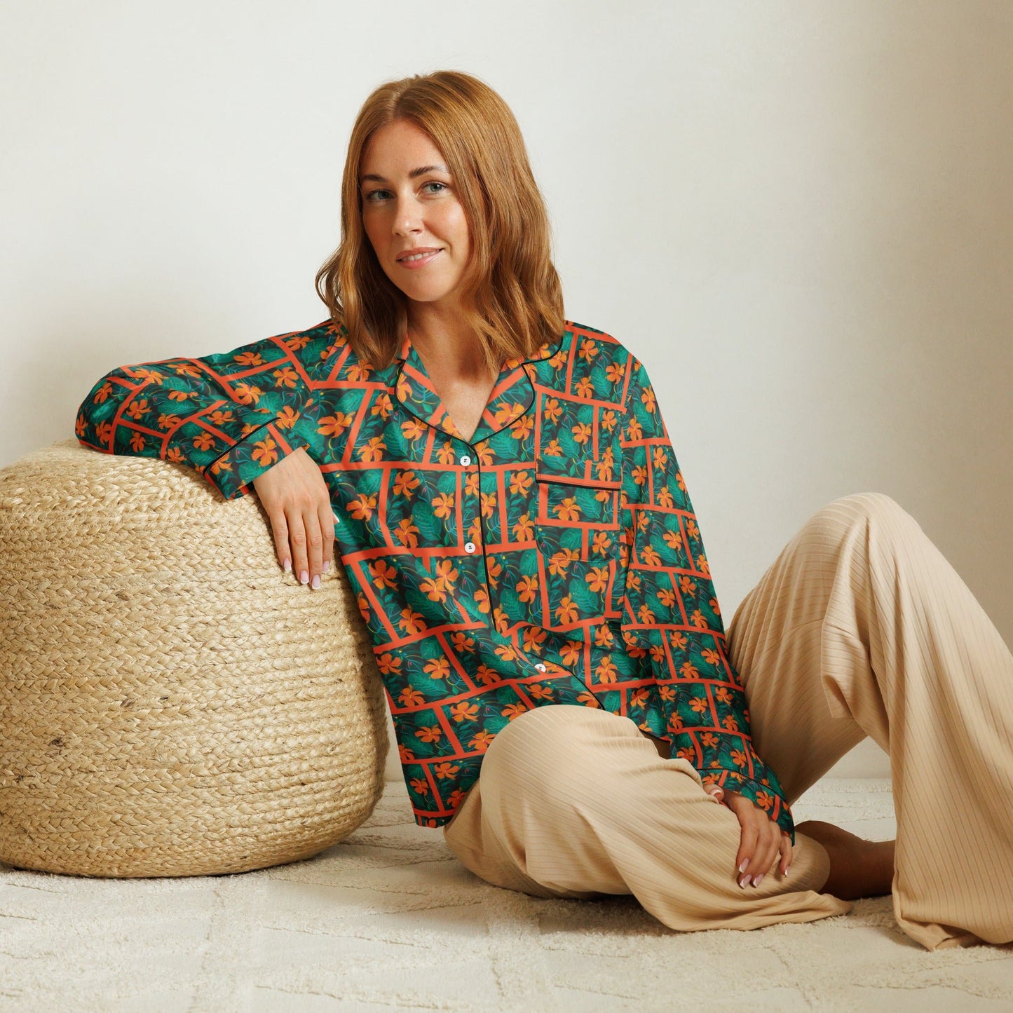 Orange Hibiscus print Women’s long sleeve pajama top - PratSN