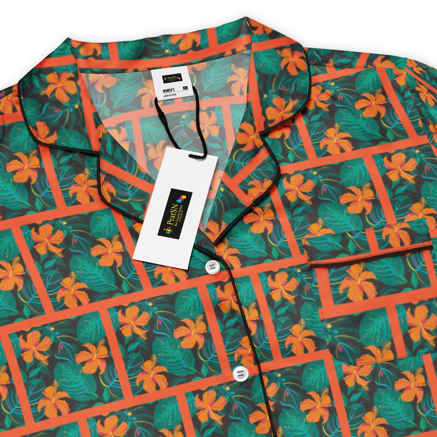 Orange Hibiscus print Women’s long sleeve pajama top - PratSN