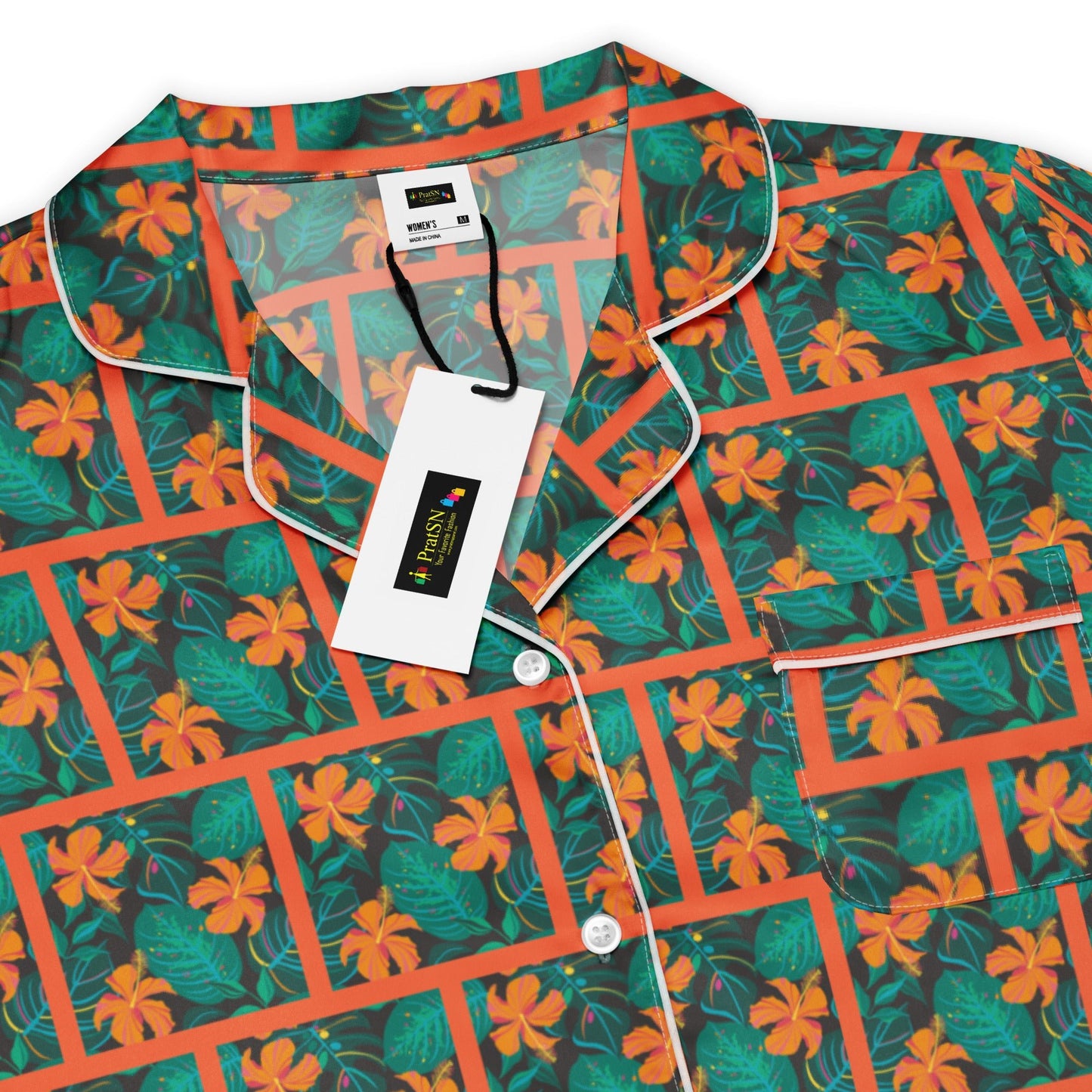 Orange Hibiscus print Women’s long sleeve pajama top - PratSN