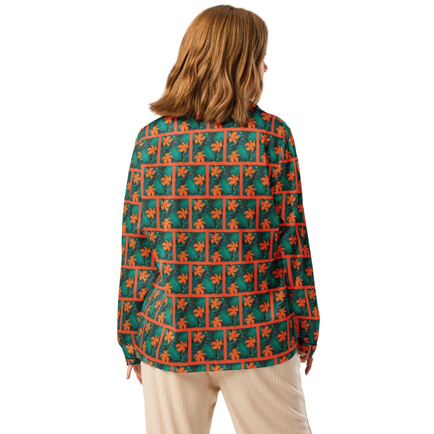 Orange Hibiscus print Women’s long sleeve pajama top - PratSN
