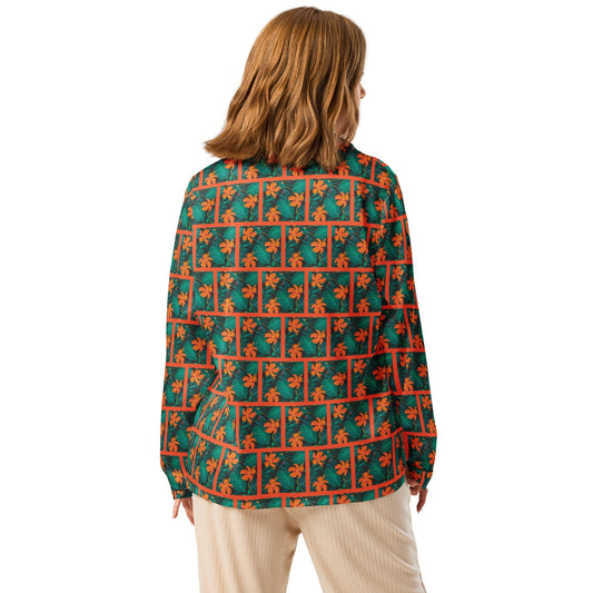 Orange Hibiscus print Women’s long sleeve pajama top - PratSN