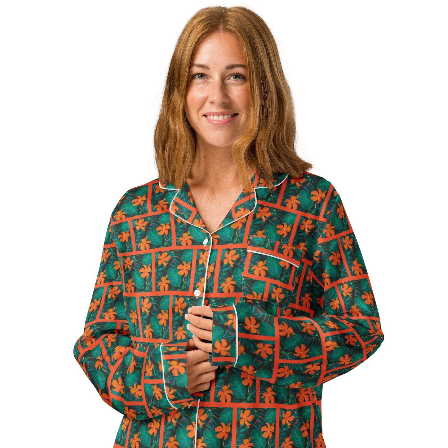 Orange Hibiscus print Women’s long sleeve pajama top - PratSN