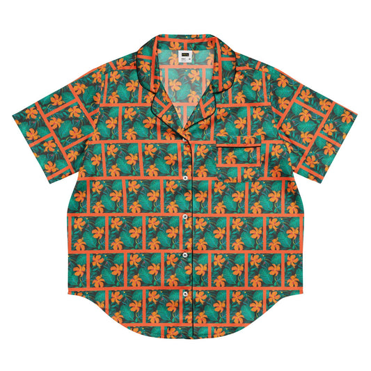 Orange Hibiscus print Women’s shorts top All - over print women’s short sleeve pajama top - PratSN