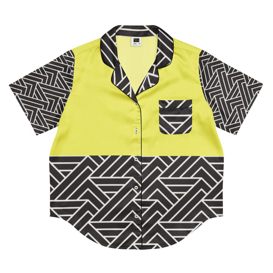 Paris daisy yellow and black color all - over print women’s short sleeve pajama top - PratSN
