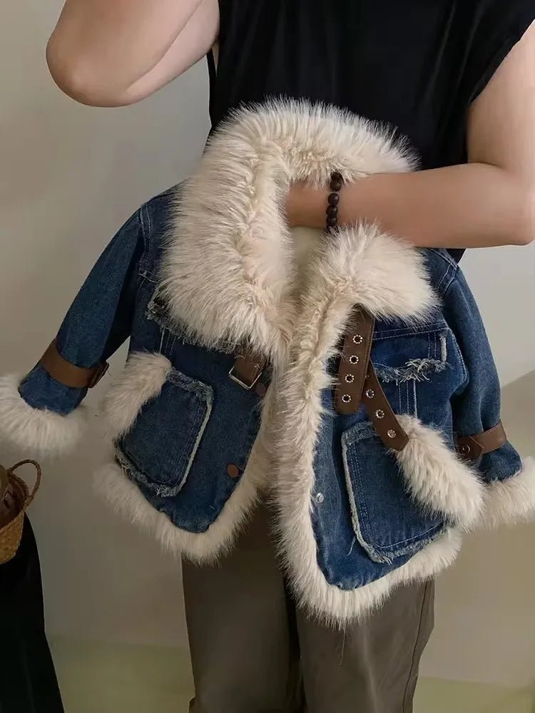 Parkas Winter Season Girl New Fur Lapel Collar Thickening Cowboy Coat Plush Outerwear Fashion 2024 Long Sleeve Cool - PratSN