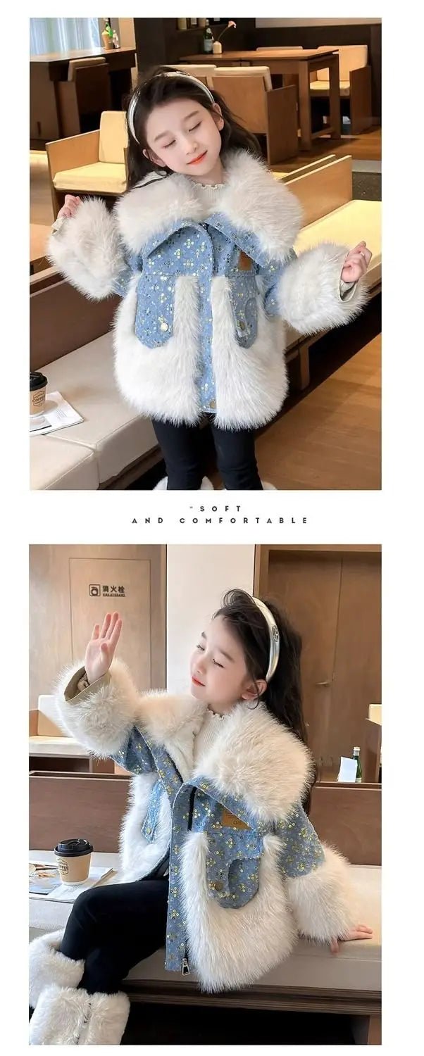 Parkas Winter Season Girl New Fur Lapel Collar Thickening Cowboy Coat Plush Outerwear Fashion 2024 Long Sleeve Cool - PratSN