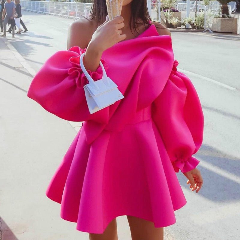 Party Dress Mini Sexy Pleated Puff Sleeve One Shoulder Spaghetti Strap Women Backless Clubwear Dinner Night Christmas Tunics - PratSN