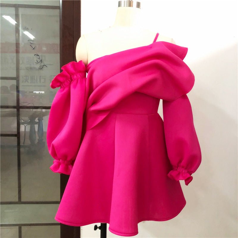 Party Dress Mini Sexy Pleated Puff Sleeve One Shoulder Spaghetti Strap Women Backless Clubwear Dinner Night Christmas Tunics - PratSN