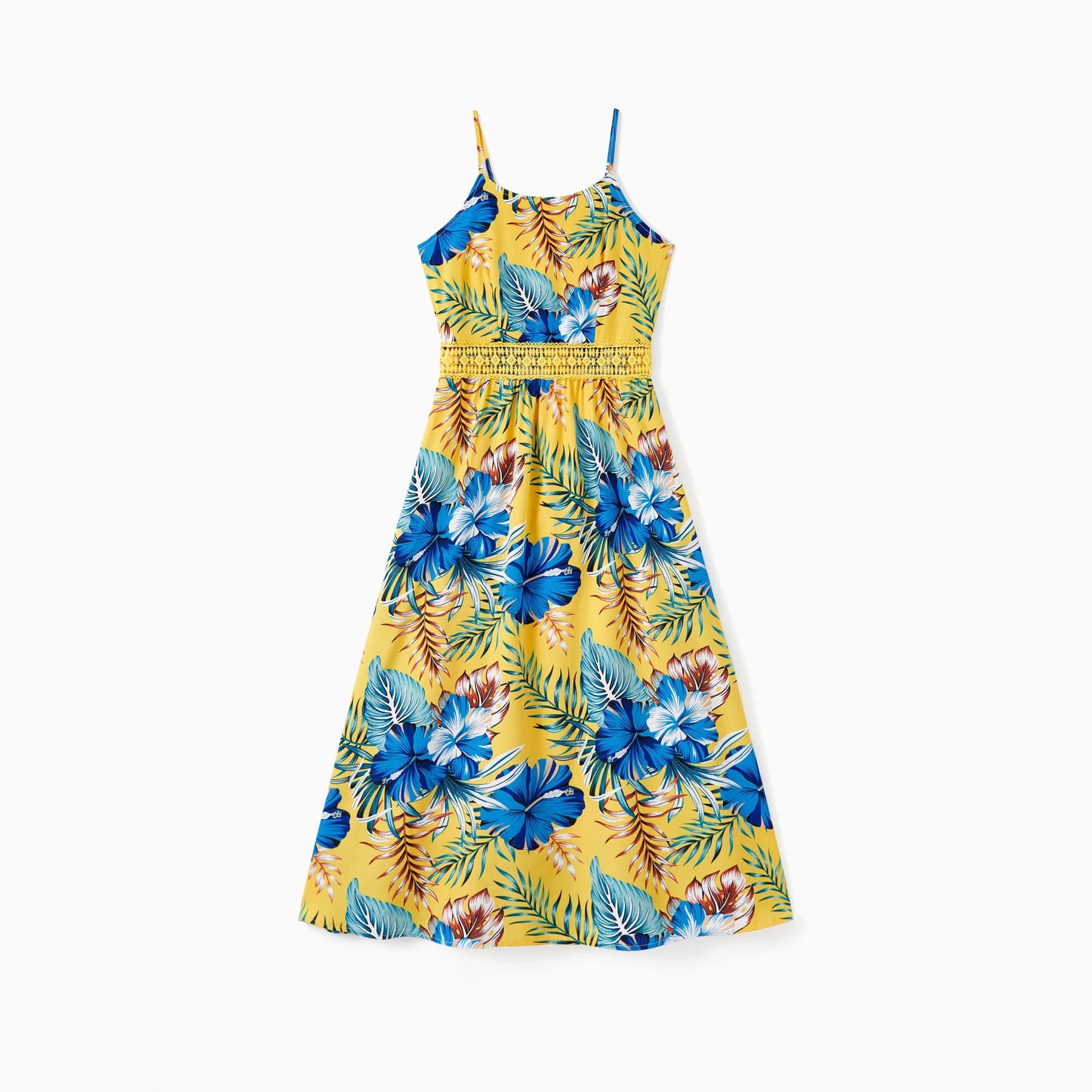 PatPat Family Matching Beach Shirt or Yellow Floral Lace Waist Shirred Back Strap Dress Sets - PratSN